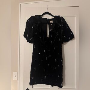 Maeve Black Velvet Mini Dress with Pearl Accents